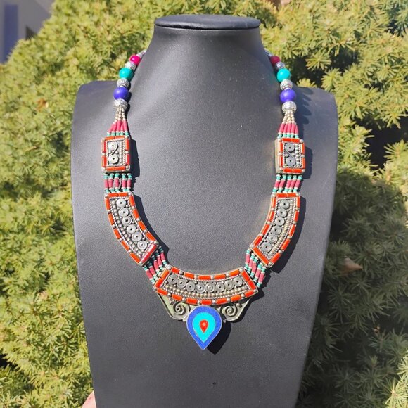 Handmade Tibetan Silver Turquoise Coral Lapis Lazuli Necklace Tribal - Picture 2 of 10